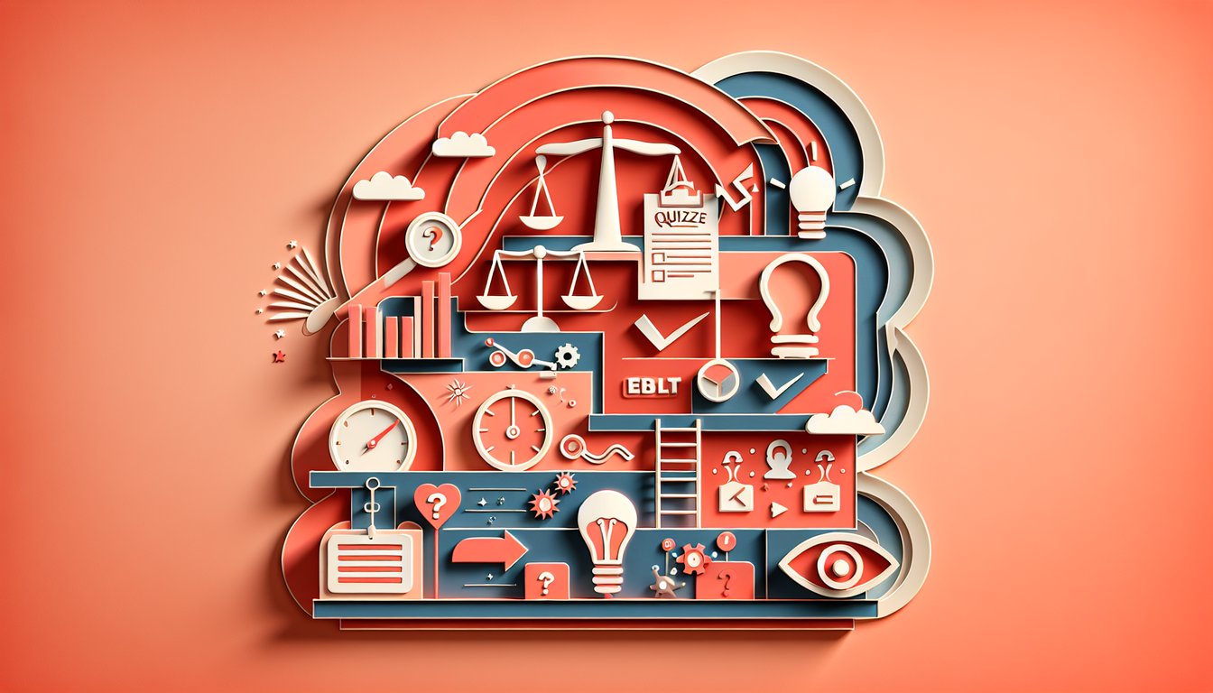 paper art burst of shapes and icons symbolizing emotions and reactions on coral background for personality quiz