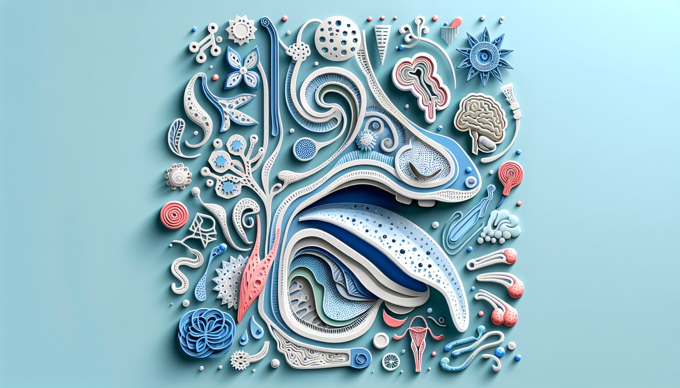 Paper art illustration of nasal cavity cross-sections and tongue on sky blue background for anatomy quiz.