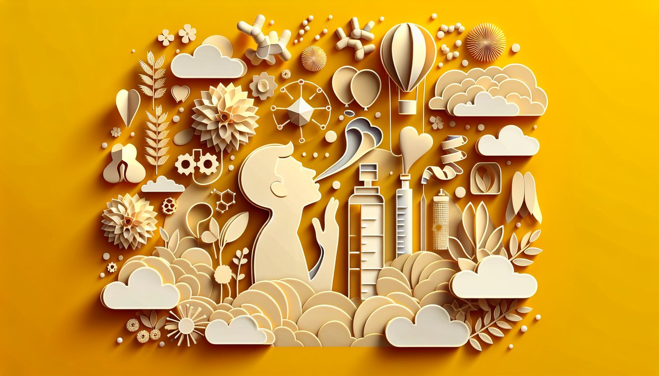 Paper art illustration for asthma quiz on a golden yellow background.