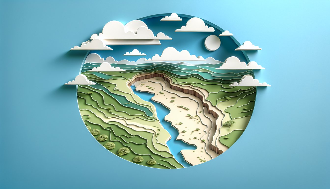 Paper art map of East Africa with Great Rift Valley Serengeti plains acacia trees and mountains on sky blue background