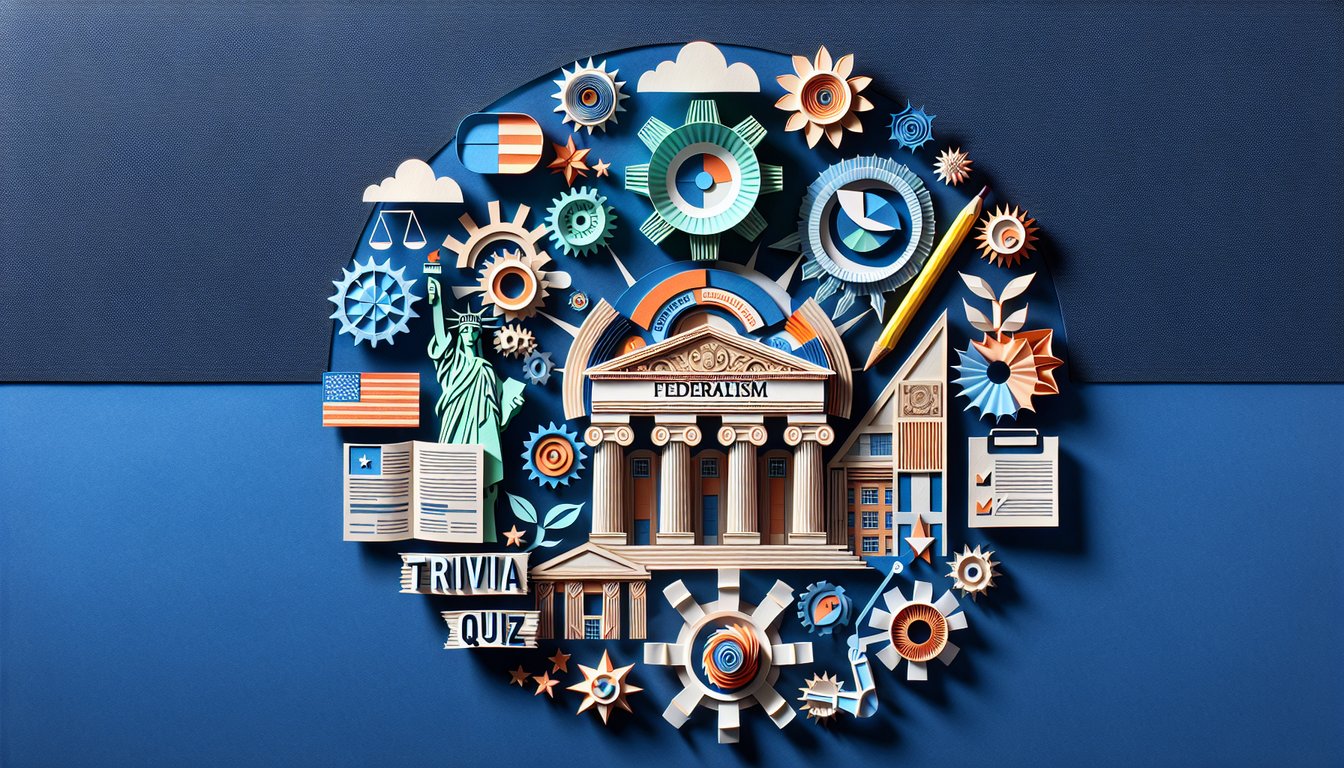 Colorful paper art promoting a high school-level quiz on federalism