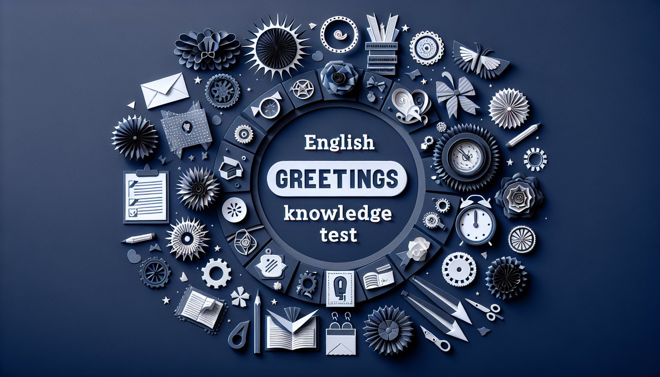 Colorful paper art depicting elements related to a quiz on English Greetings Knowledge Test