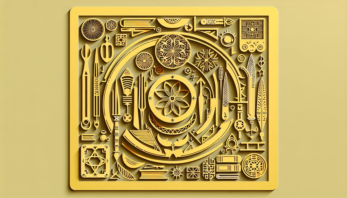 Paper art illustration of shadowhunter symbols and characters on golden yellow background for Immortal Instruments quiz