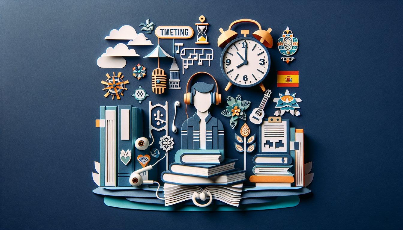 Colorful paper art promoting Spanish Sprint Challenge, a timed quiz for high school students.