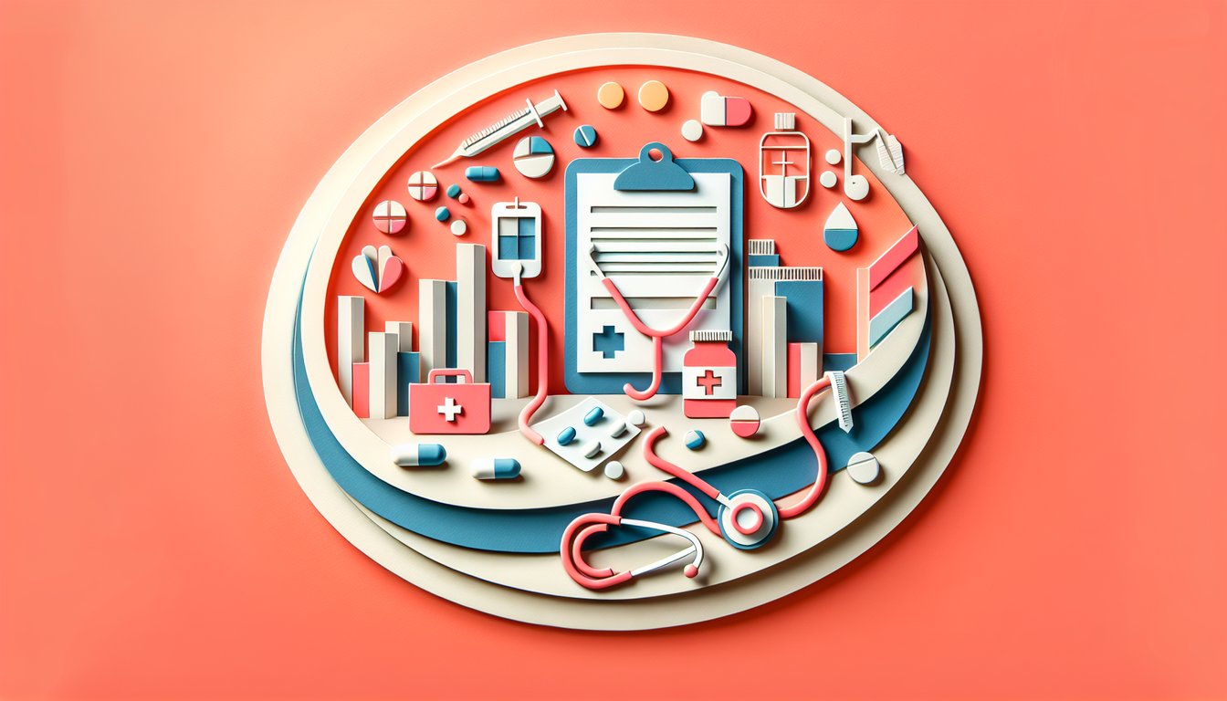 Paper art illustration for Physician Assistant practice test quiz on a coral background