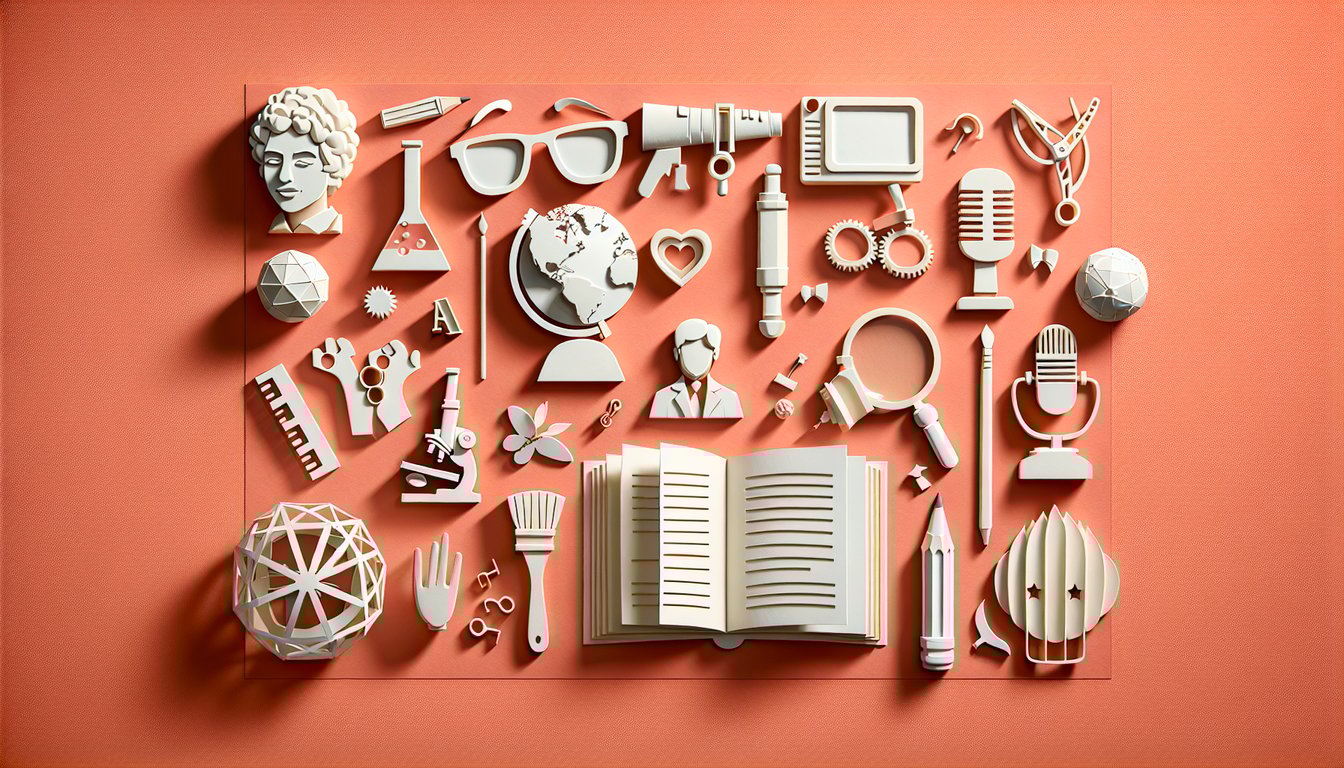 Paper art illustration showing layered role model silhouettes and question marks on coral background