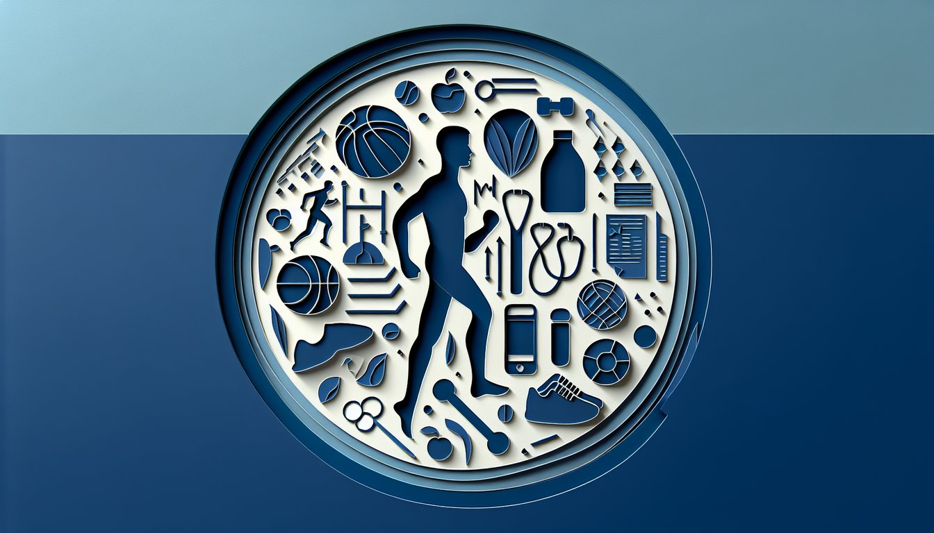 Paper art shows young adults exercising and tracking health milestones for an early adulthood quiz on dark blue background
