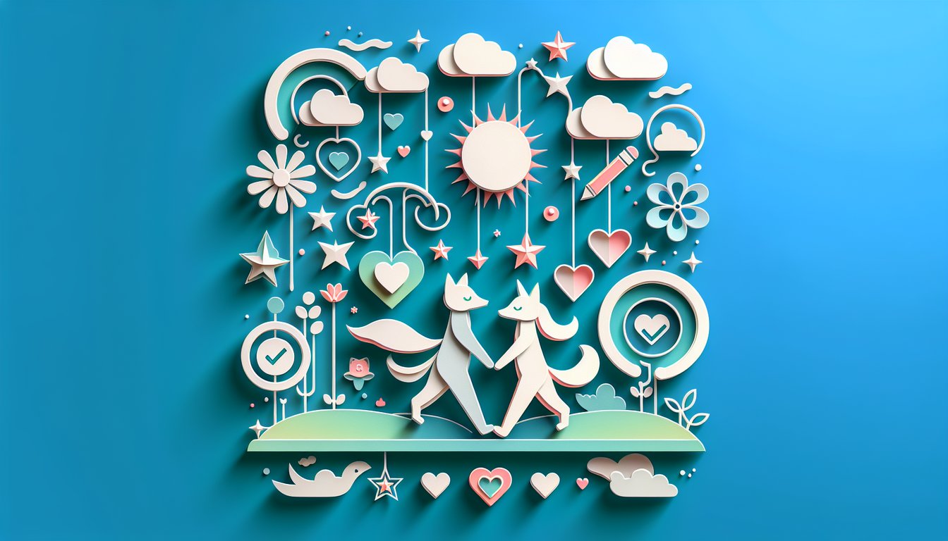 Paper cut illustration of two friends hugging with floating hearts and quiz title decoration on teal background