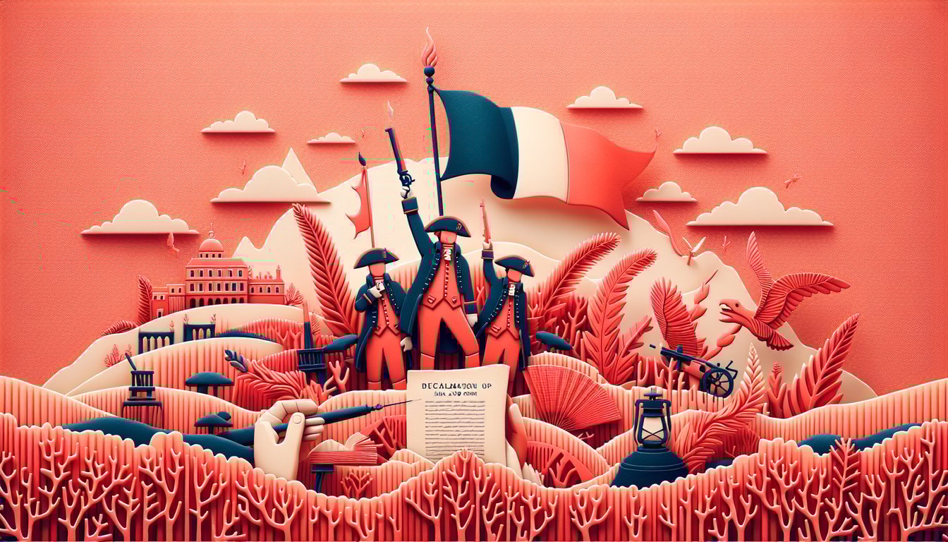 Paper art illustration for French Revolution quiz on a coral background