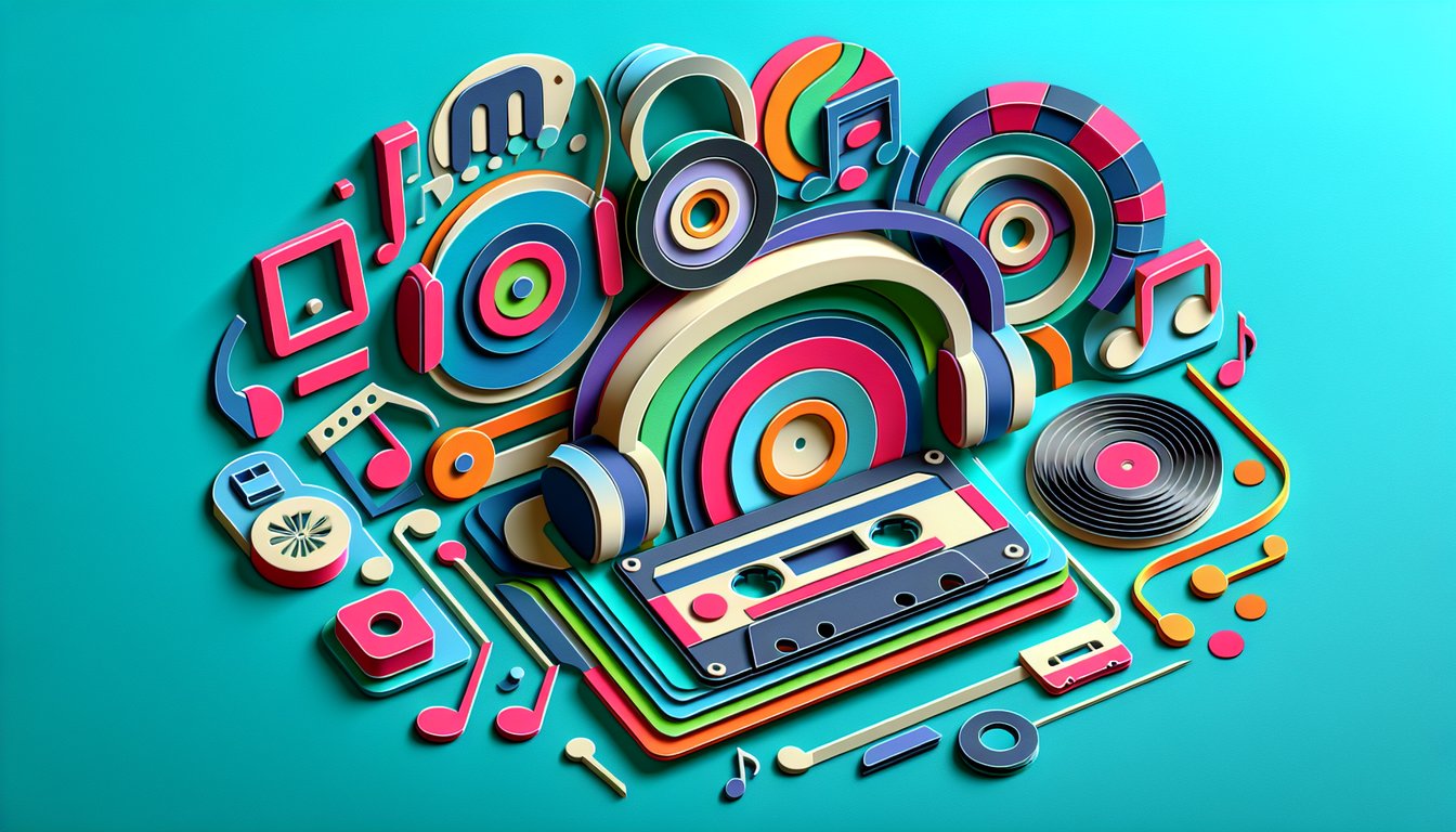 paper art illustration with headphones microphone vinyl record music notes on teal background promoting a music quiz