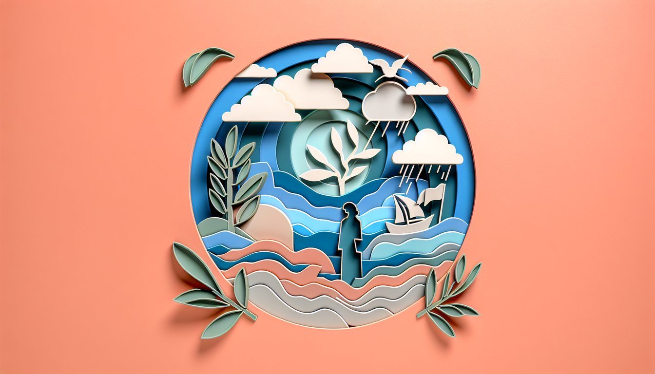 Paper art illustration for James 1-5 NKJV Bible quiz on a coral background