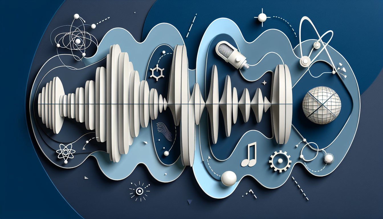 Paper art illustration of layered audio waves and physics symbols with quiz icons on dark blue background.