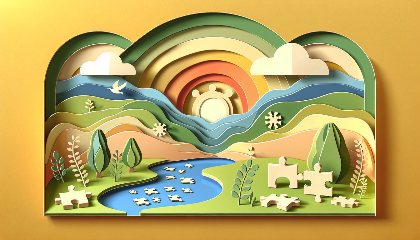 Paper art illustration of layered shapes and text block about autistic burnout quiz on golden yellow background