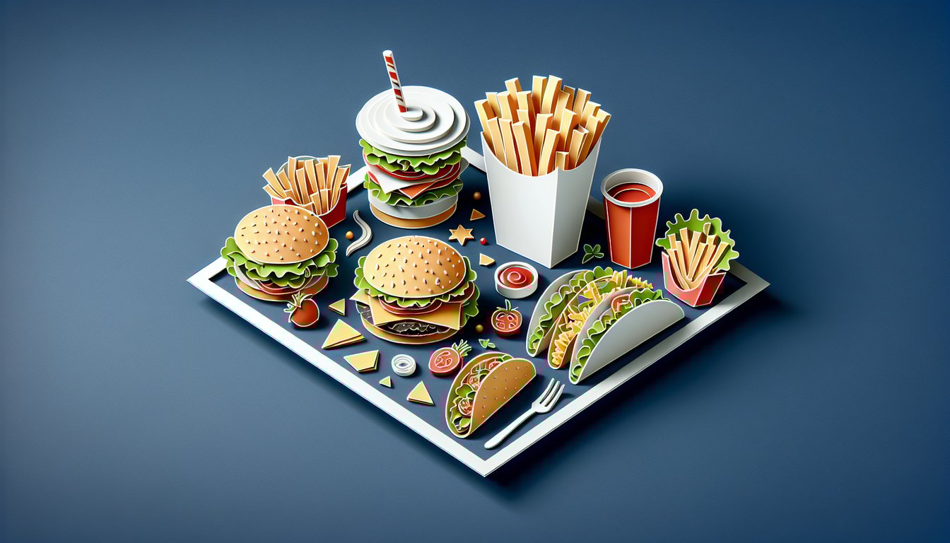 Paper art burger sandwich fries tacos icons with fast food quiz title on dark blue background