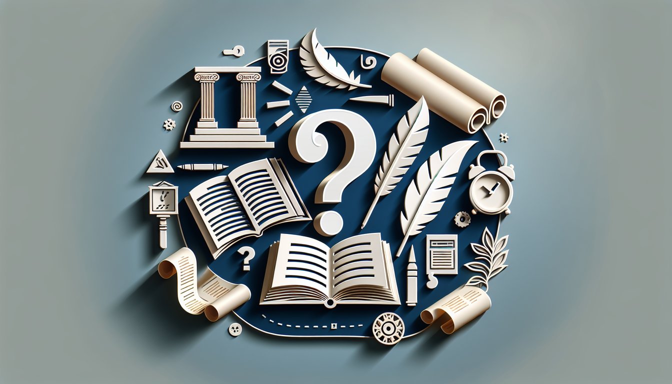 Paper art quiz illustration with open book quill pen alphabet and timeline icons on dark blue background
