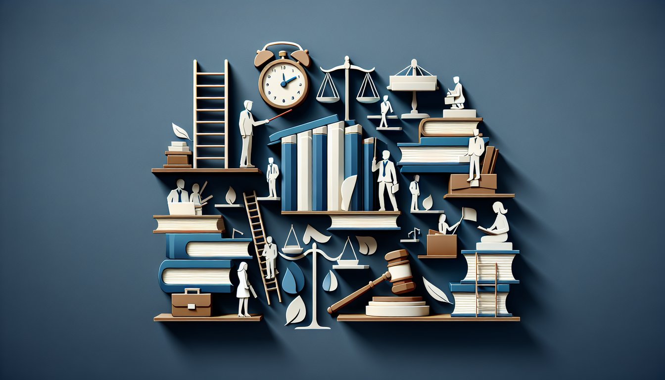 Paper art scales of justice gavel law book on dark blue background for legal career quiz