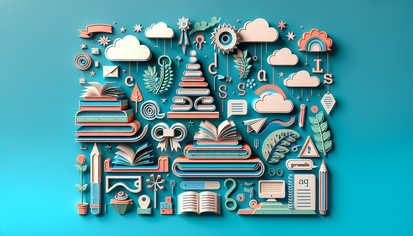 Paper art illustration for a grammar quiz on gerunds, participles, infinitives on a teal background.