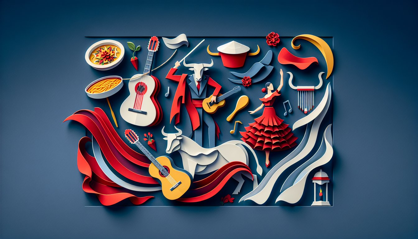 colorful paper art layers forming Spanish letters quiz icons vocabulary pronunciation challenge on dark blue background