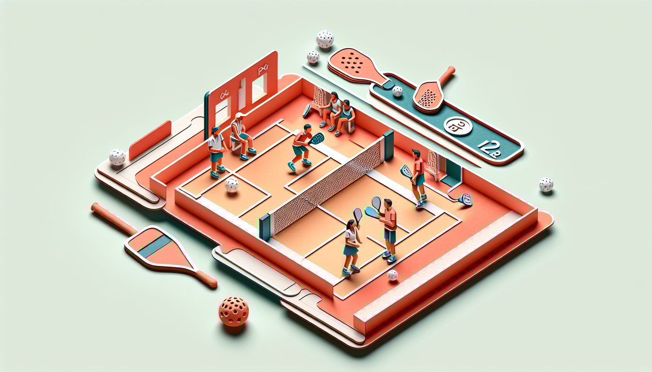 Illustration of pickleball trivia quiz elements like paddles and scores on a coral background.