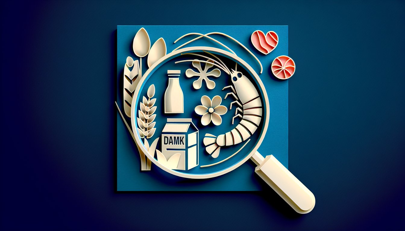 Paper art style illustration with fruits allergens question marks on dark blue background for food sensitivity quiz