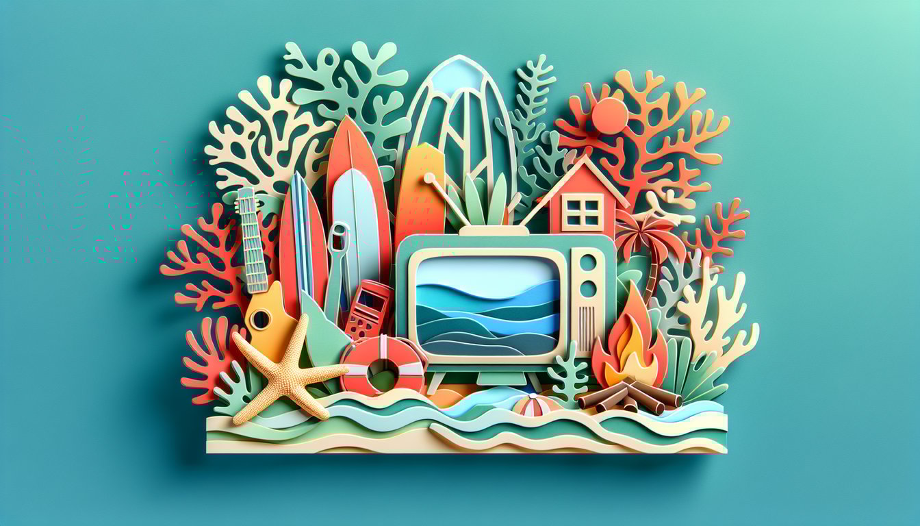 Paper art style Summerland quiz design with Zac Efron text, character silhouettes, coral background and fun cutout elements