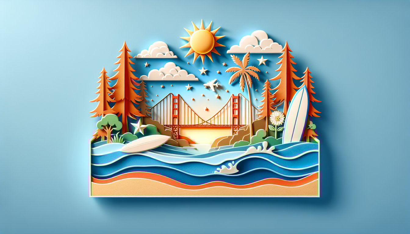 Paper art illustration for California trivia quiz on a sky blue background