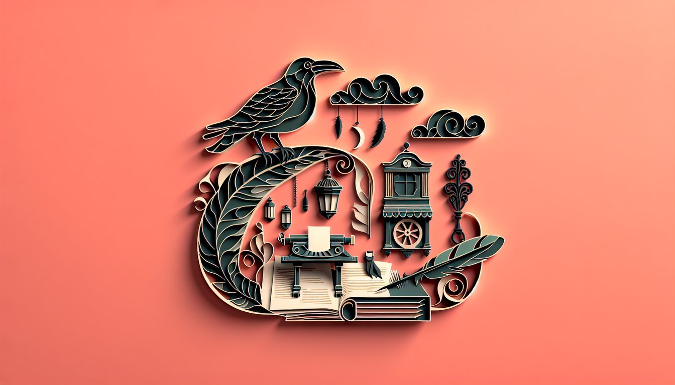 Paper art illustration for Raven poem quiz, testing knowledge on Edgar Allan Poe verses, stanzas, themes on coral background
