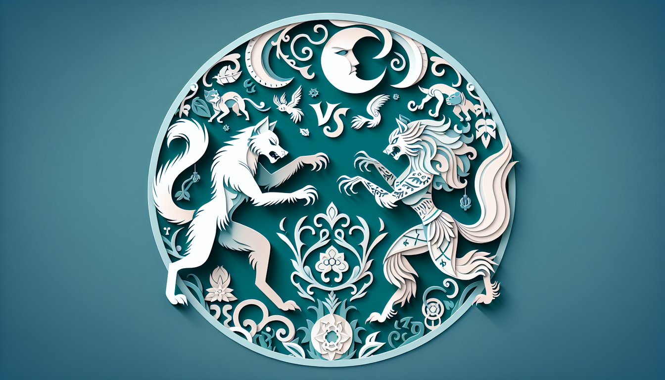 Paper art scene of fierce werewolf and graceful werecat flanking quiz title on teal backdrop