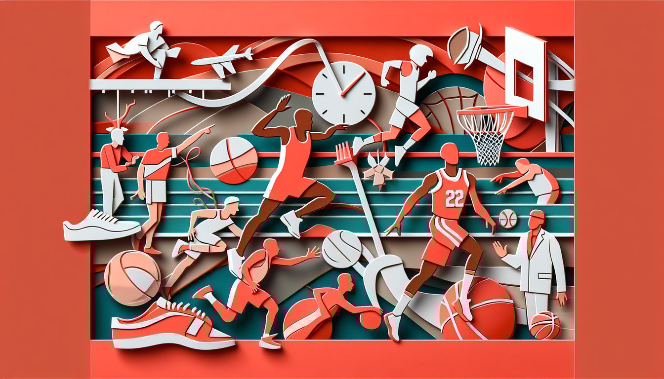 Paper art collage of marathon runner sprinter basketball dunks and world record symbols on coral background.