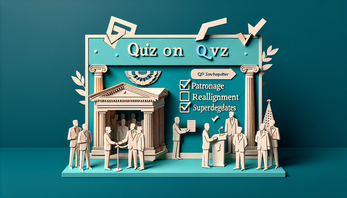 Paper art illustration for AP Gov quiz covering chapters 8 11 patronage realignment superdelegates on teal background