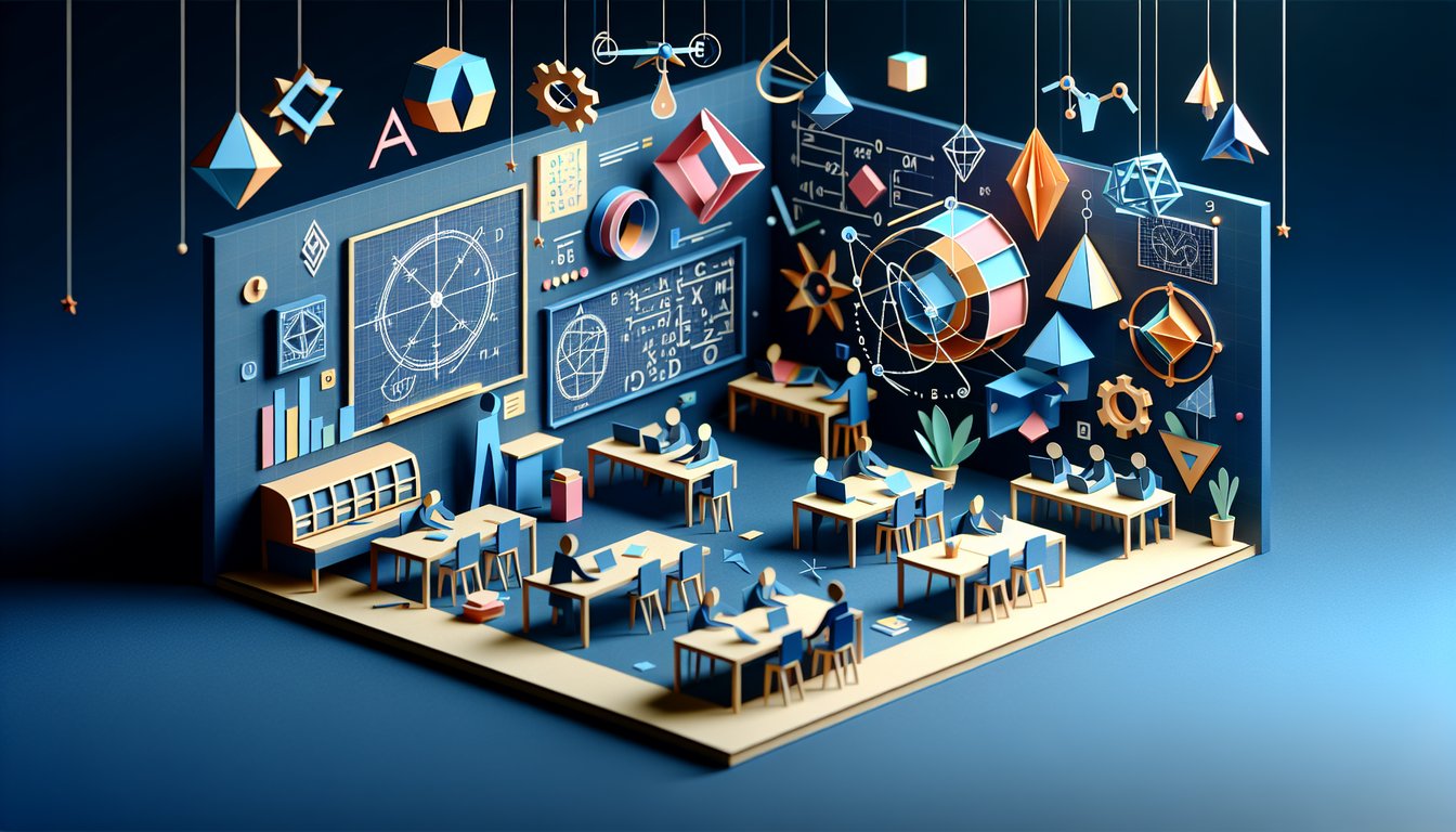 Colorful paper art promoting a fast-paced Geometry Honors Blitz trivia quiz for high school students.