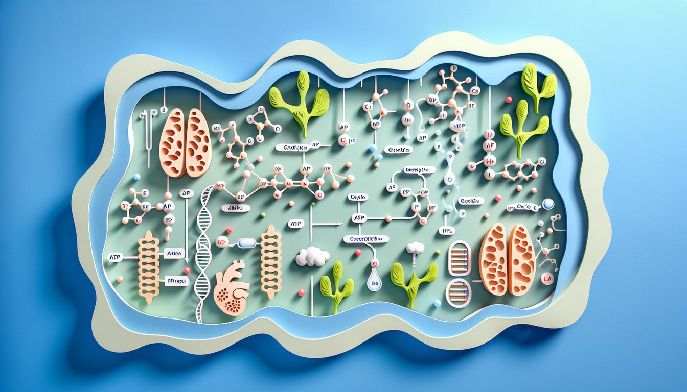 Paper art illustration of a cell producing ATP glycolysis and Krebs cycle elements on a sky blue background for quiz