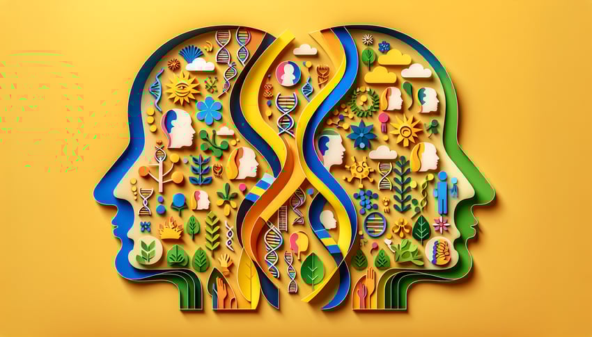 paper art of two profile faces and abstract shapes on yellow background, for personality self esteem emotions quiz