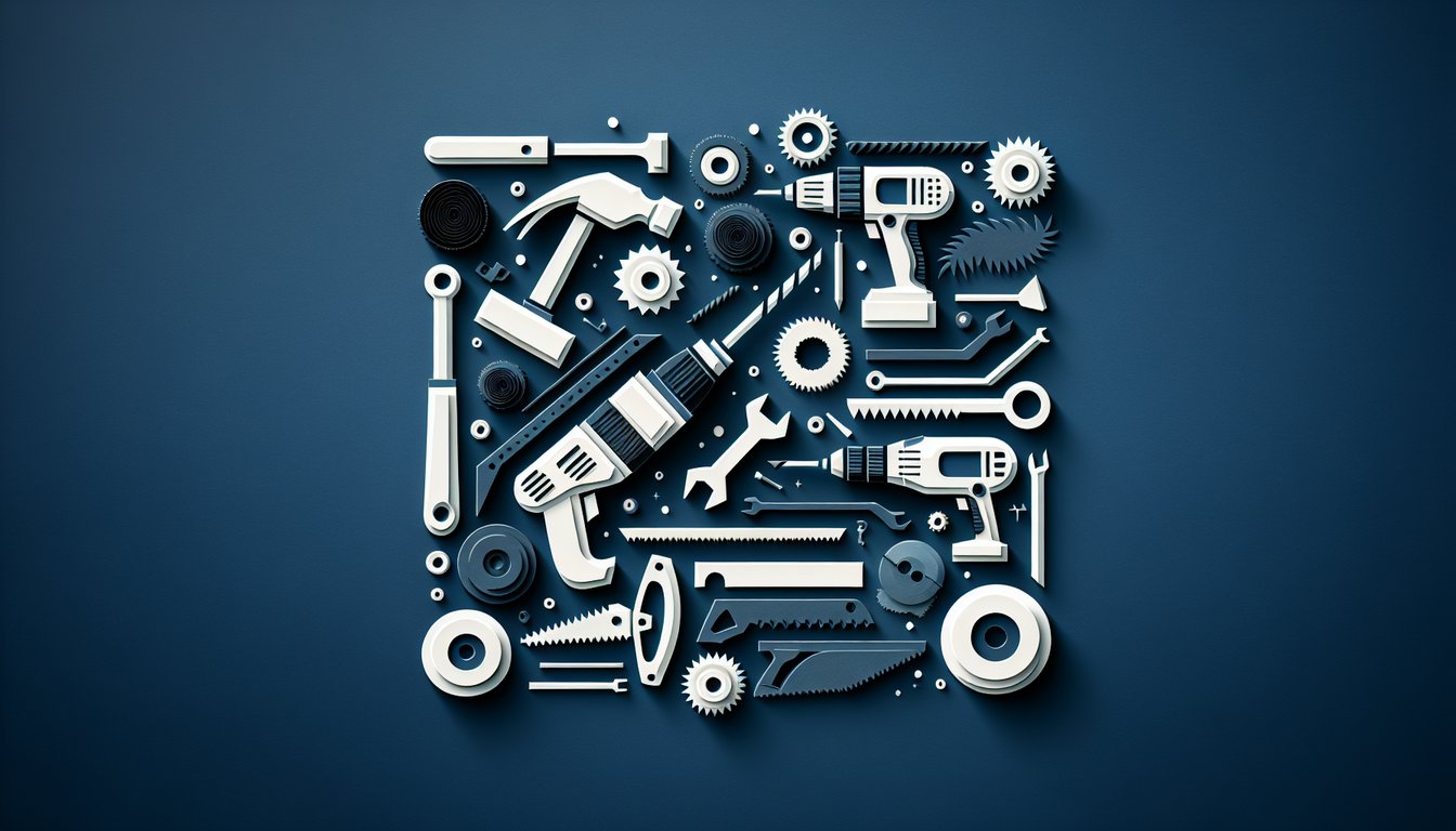 Colorful paper art depicting various power tools for a product knowledge quiz