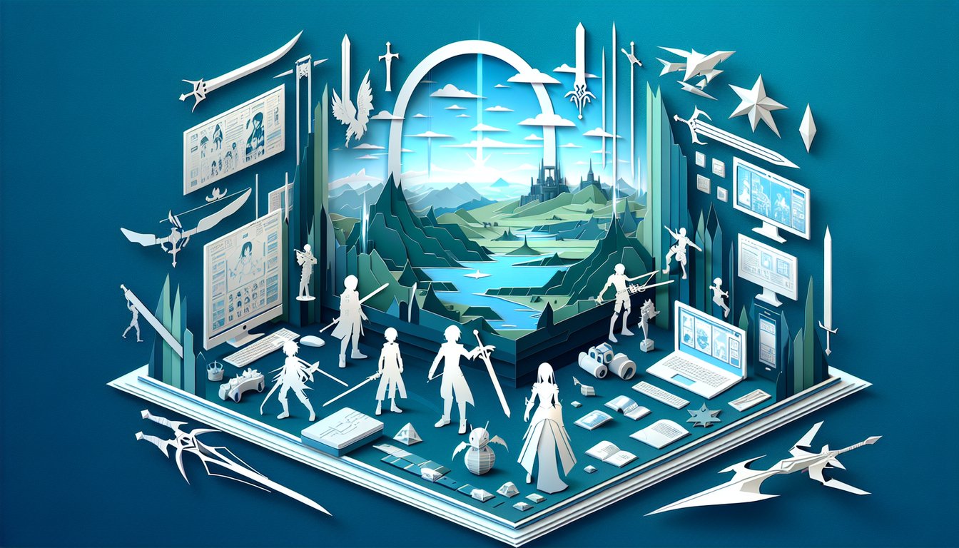 Paper art style Sword Art Online quiz illustration with silhouettes of anime characters swords and icons on teal background