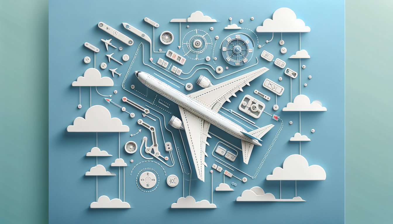 Paper art Boeing 777 over sky blue background stylized cockpit controls autopilot ailerons spoilers quiz prompt