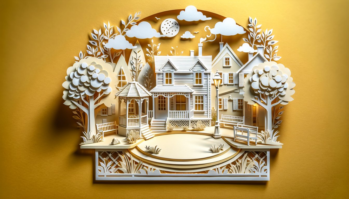 Paper art quiz collage of Lorelai and Rory silhouettes, coffee mug, Stars Hollow sign on golden yellow background