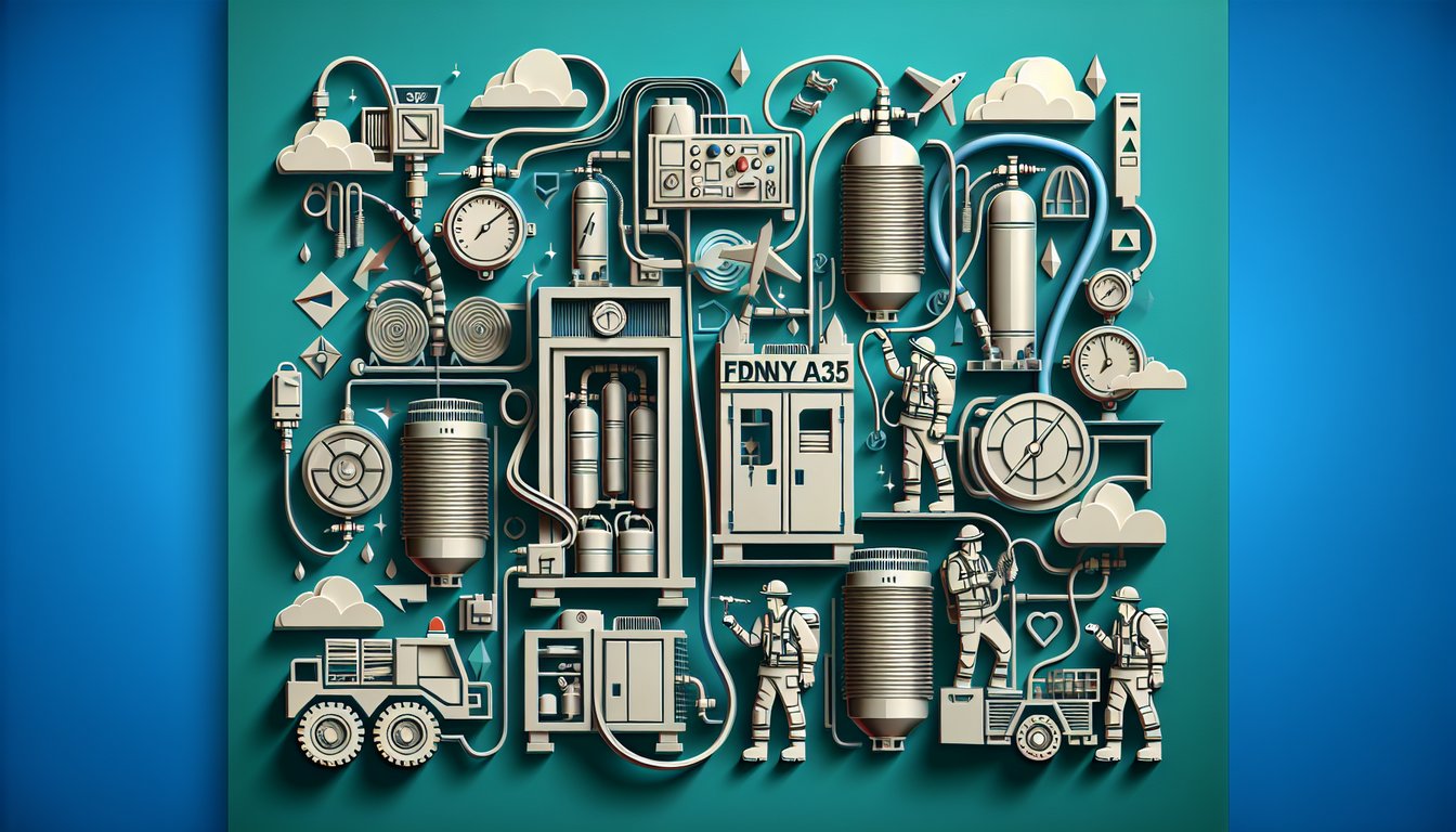 Paper art style illustration showing an air compressor with gauges and safety icons on a teal background for FDNY A35 quiz