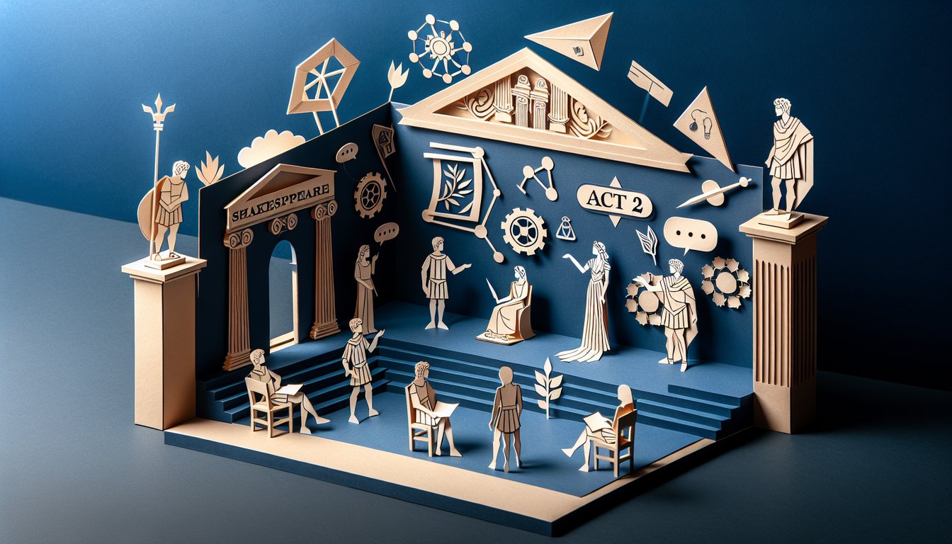 Colorful paper art promoting a trivia quiz on Julius Caesar Act 2 for high school students.