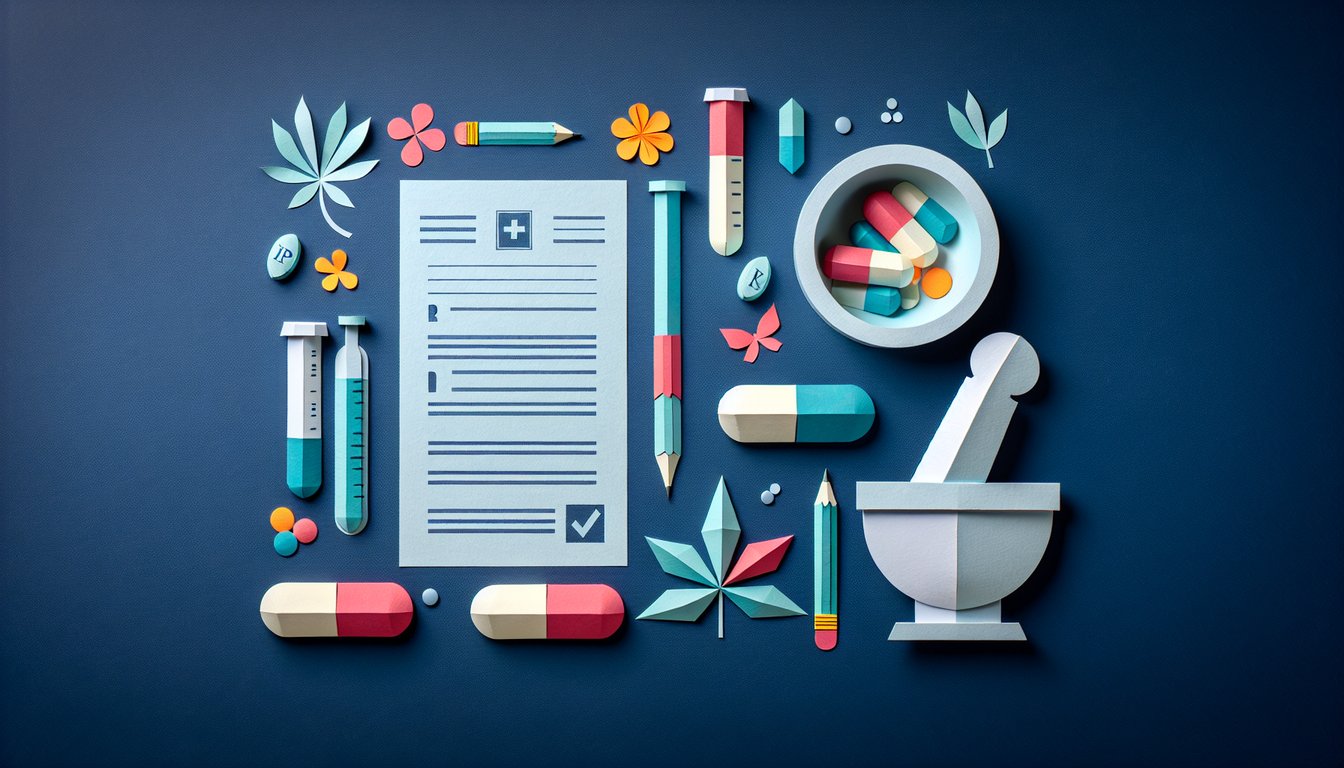 Colorful paper art depicting elements related to Pharmacy Technician Exam Quiz