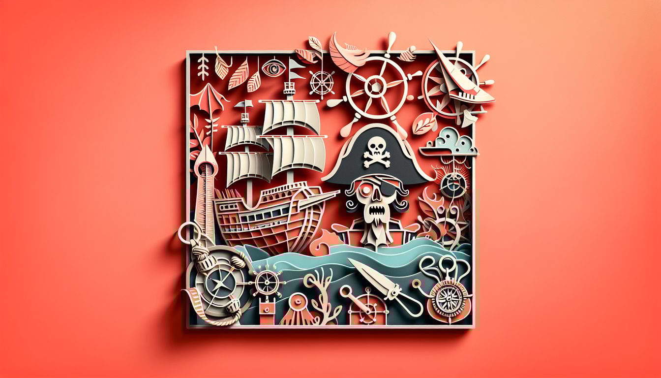 Paper art Captain Nigel Badminton skull-and-crossbones ships wheel on coral background Our Flag Means Death trivia