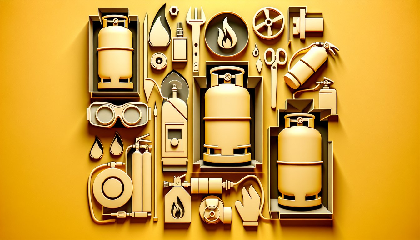 Paper art illustration of gas safety quiz showing flame home checklist icons on a golden yellow background