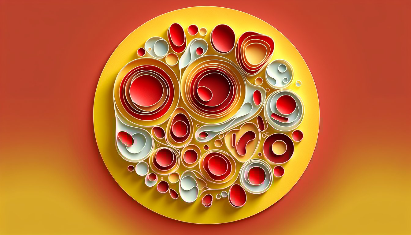 Paper art illustration for a blood elements quiz on a golden yellow background.