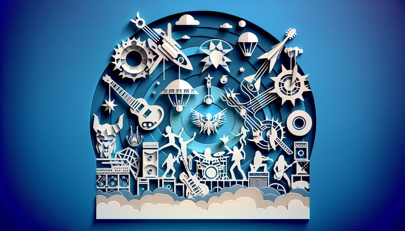 Heavy metal trivia quiz paper art illustration on sky blue background