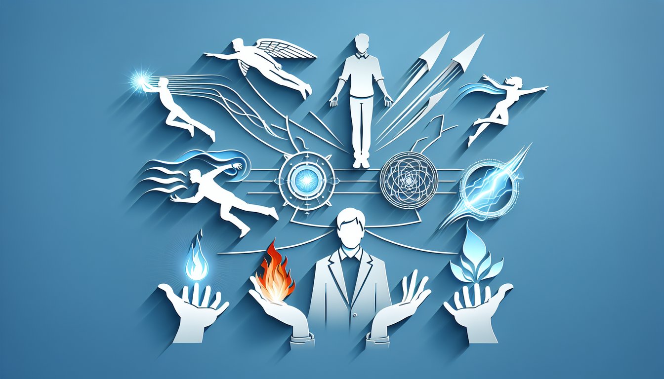 Paper art illustration for a superpower personality quiz on a sky blue background