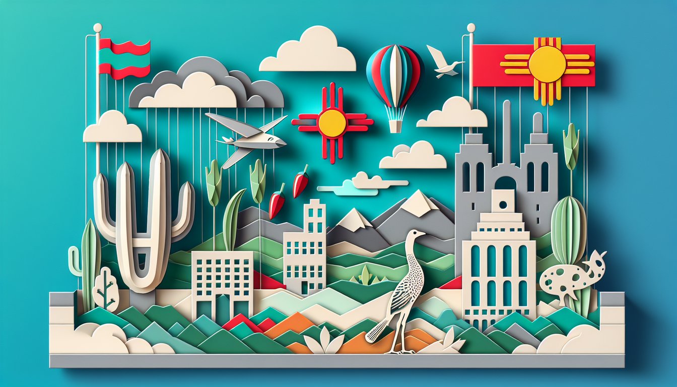 Paper art style New Mexico quiz banner with state outline, symbols and festive icons on teal background.