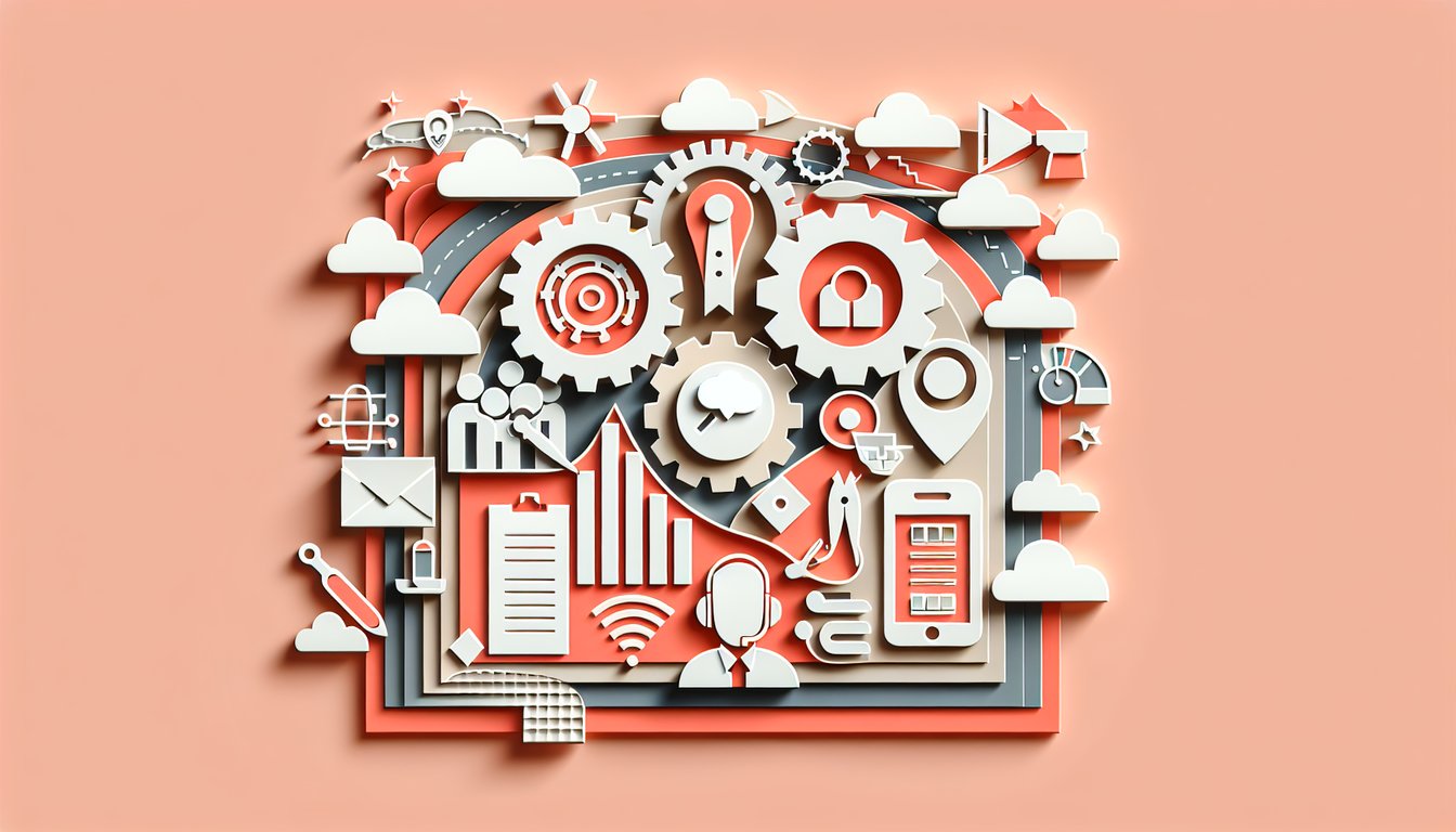 Paper art chat bubbles headset, gear chart, checklist on coral background representing customer service quiz