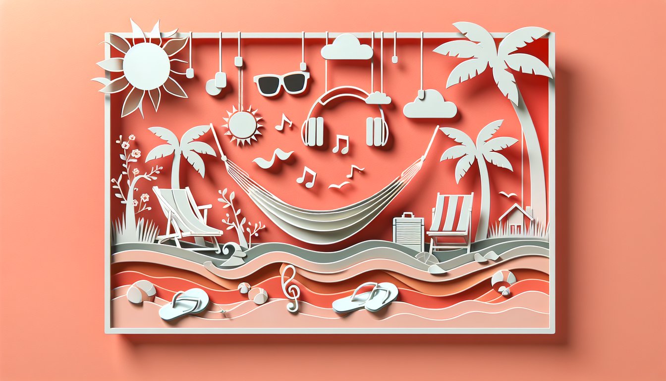 Paper art illustration for a chill personality quiz on a coral background