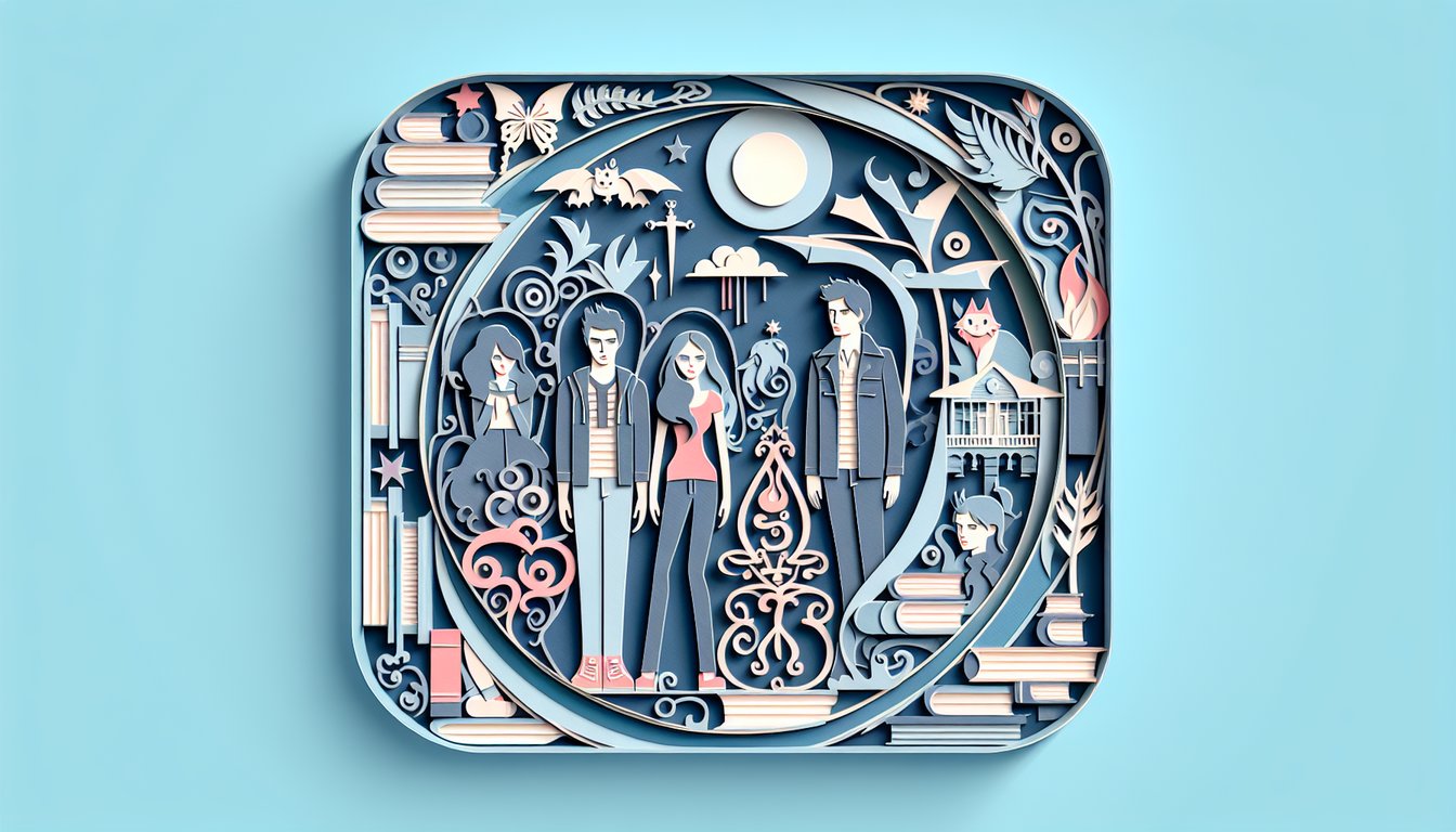 Paper art scene with three female silhouettes hearts and question marks on sky blue background for Twilight character quiz