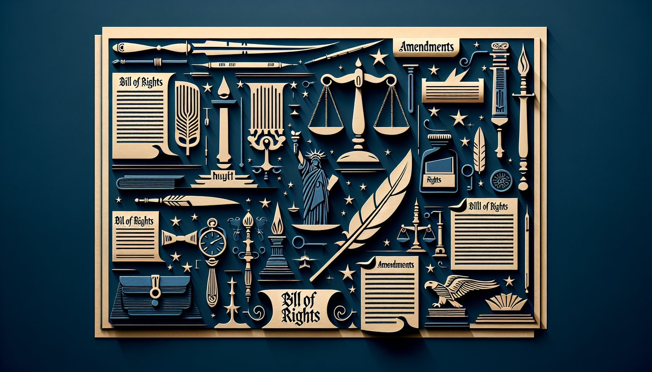 Paper art illustration featuring Bill of Rights scroll quill and quiz text on dark blue background